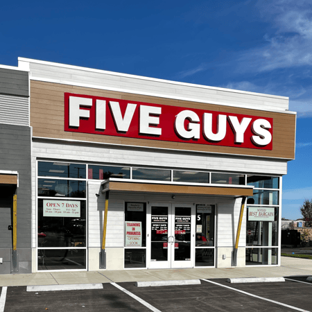 Image of the front entrance to the Five Guys restaurant at 2220 Gallatin Pike North in Madison, Tennessee.