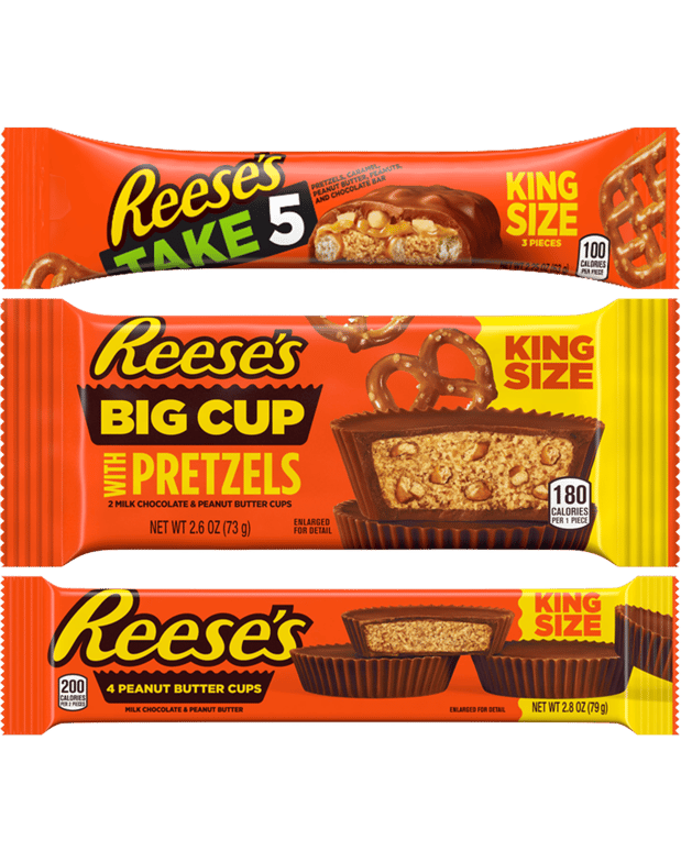 REESE'S Take 5 King size bar, REESE'S Big Cup with Pretzals King Size, and REESE'S 4 peanut butter cups King Size