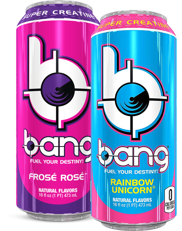 Frose rose and rainbow unicorn Bang energy drink cans