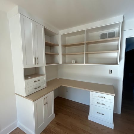 White work desk storage with pull out drawers