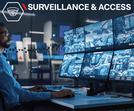 Man looking at multiple screens surveillance and access