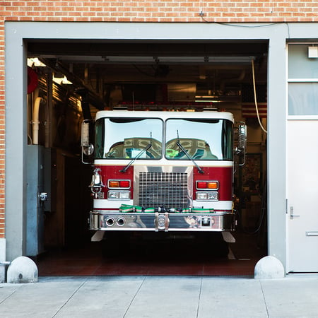 A fire engine in a fire station