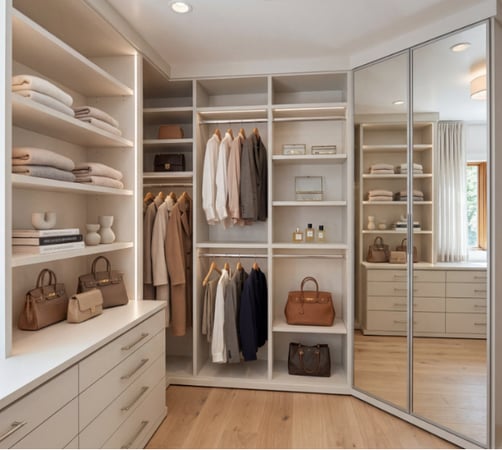 Primary Walk-in Closet with built-in dresser and mirrored doors