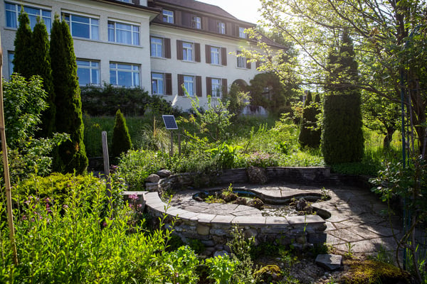 Altersheim-Garten mit Teich und Sitzplätzen