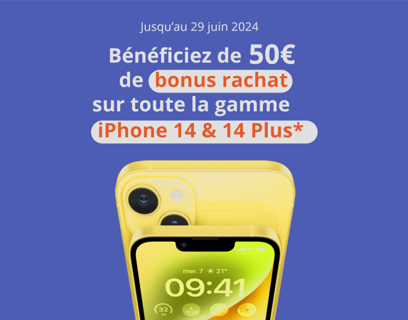 Venez bénéficier de 50 € de bonus rachat sur toute la gamme Iphone 14 & 14 plus à la reprise de votre ancien smartphone dans votre magasin Boulanger Dunkerque/Grande-Synthe ! 💸
