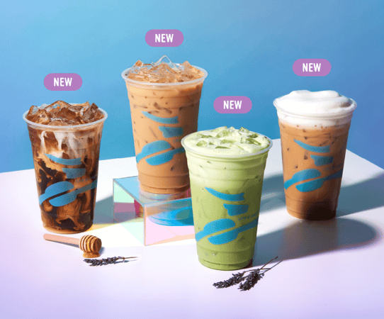 Four limited-time only lavender beverages from Caribou Coffee. Honey Lavender Espresso Shaker, Iced Honey Lavender Latte, Iced Lavender Matcha Tea Latte and Iced White Mocha with Oatmilk Cold Foam.