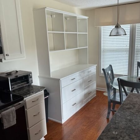 Wilmington - Custom closets - Kitchen or dining area built-in with drawers and open shelving in a white finish.
