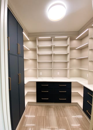 Pantry with contrasting finish, plenty of open shelving, and closed shelving for things you don't want to see.