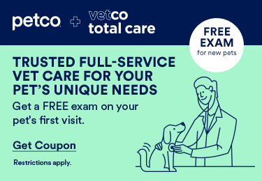 Pop up window with coupon for Free Exam for new pets at Petco and Vetco Total Care Veterinarian Hospital