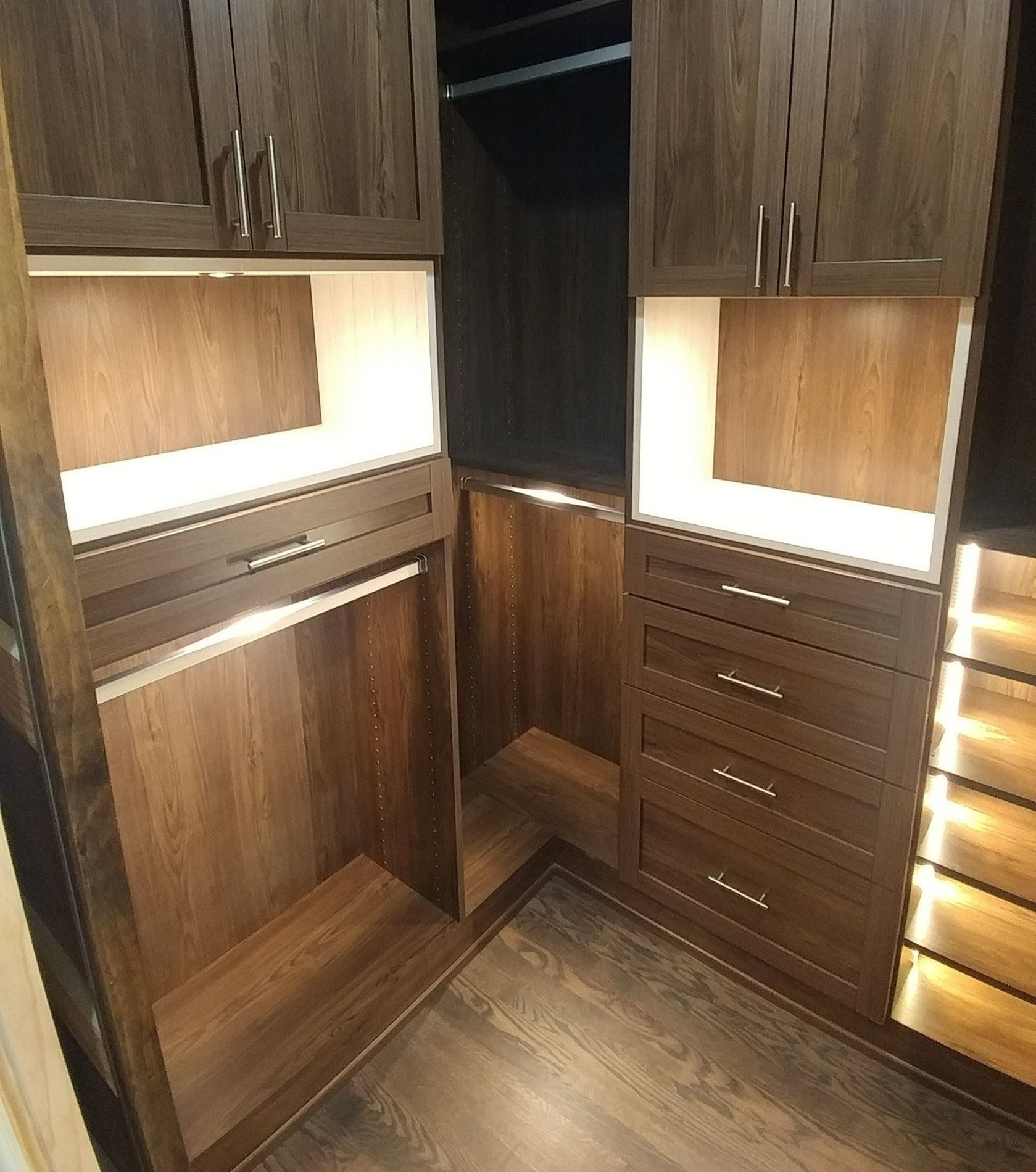 Brown drawers and display shelving.