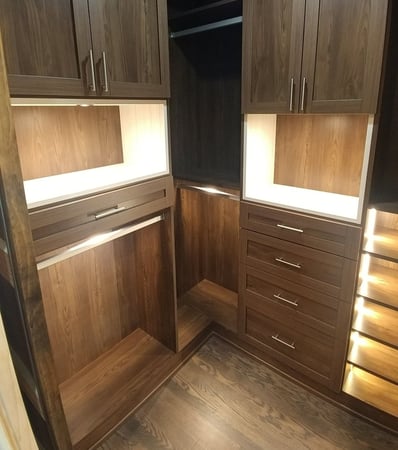 Brown drawers and display shelving.