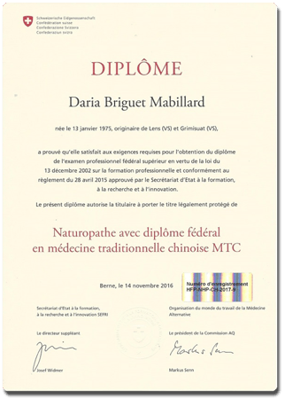 Naturopathe avec diplôme fédéral Suisse en MTC