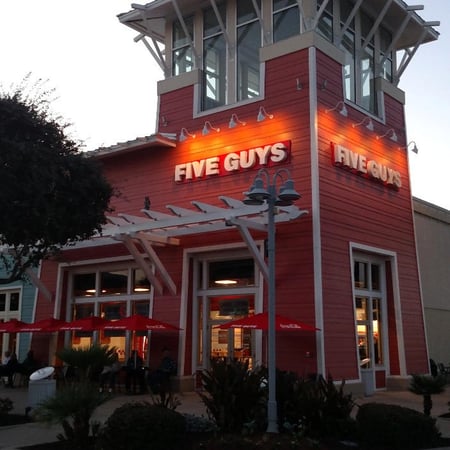 Store front of Five Guys at 700 Pier Park Drive in Panama City Beach, FL.