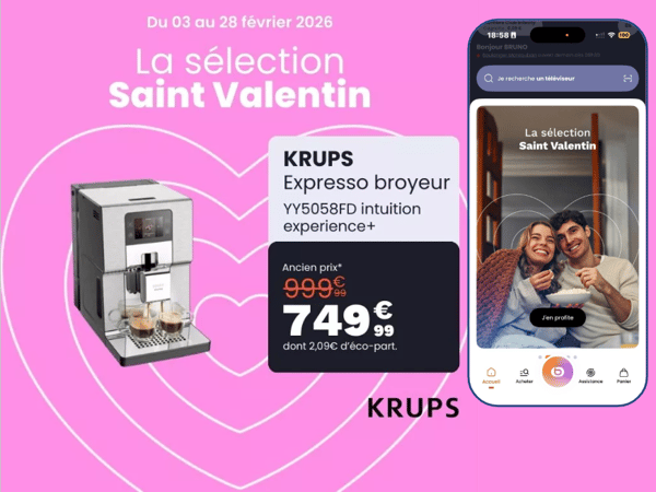 L’expresso broyeur KRUPS YY5058FD Intuition Experience+ est proposé chez Boulanger la roche sur yon en offre Saint Valentin !!!
Cette machine à café à grains tout-en-un permet de préparer jusqu’à 21 boissons chaudes et froides différentes, incluant espressos, cappuccinos, café long ou boissons lactées, grâce à une carafe à lait intégrée et un broyage en acier offrant une mouture fraîche et riche en arômes.

Avec une grande capacité du bac à grains (≈250 g), un réservoir d’eau de 3 L, une interface intuitive et des fonctions automatiques de nettoyage/détartrage, ce modèle allie performance, simplicité d’usage et confort pour une expérience café personnalisée chez soi.