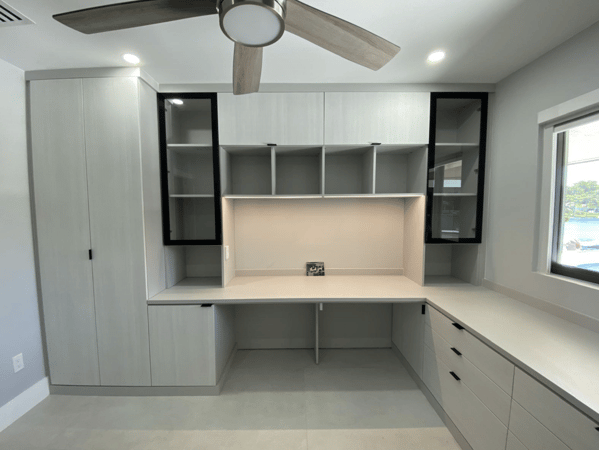 Custom desk storage with pull out drawers, cabinets and more!