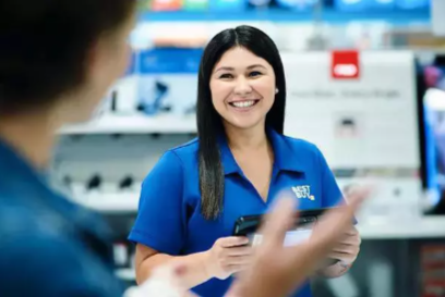 Apply for a job at Best Buy. Woman in blue shirt.