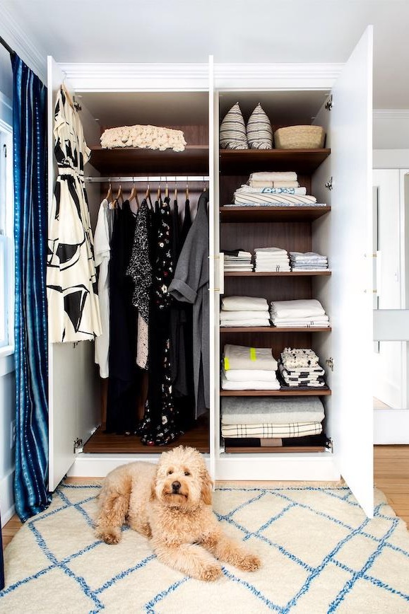 Guest bedroom wardrobe and closet storage with white cabinets and golden-doodle.