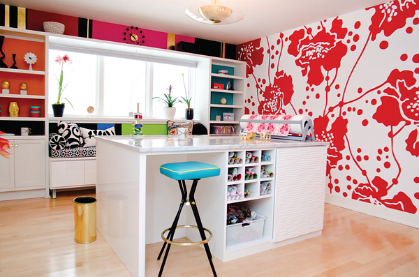 Craft room with custom island desk and window bench by California Closets of Philadelphia and Delaware