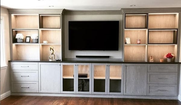 entertainment center built-in with centered TV and cabinets and drawers underneath