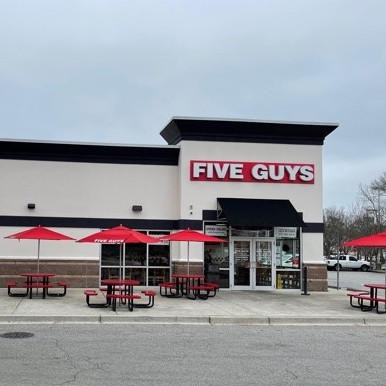 Store front of Five Guys at 7250 Rivers Ave in North Charleston, SC.
