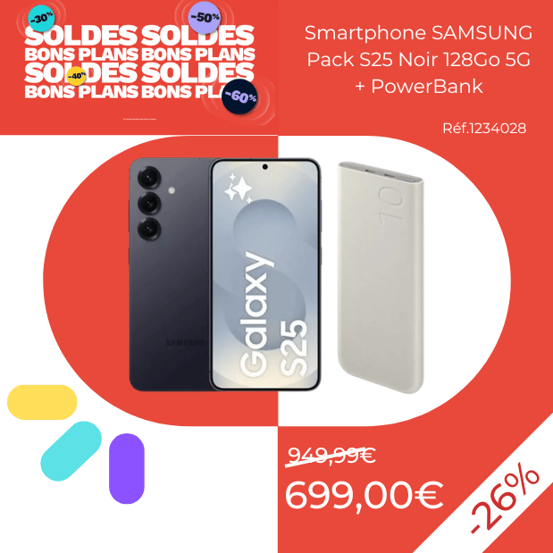 Smartphone SAMSUNG Pack S25 Noir 128Go 5G + PowerBank