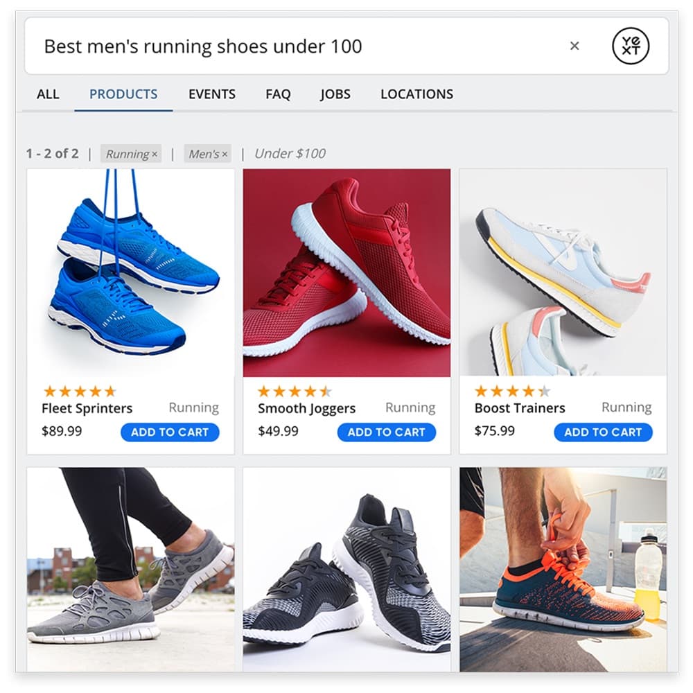 Yext search results for "Best men's running shoes under 100". The results for the search are product listings of men's shoes under $100 with an Add to Cart option for each product listing.