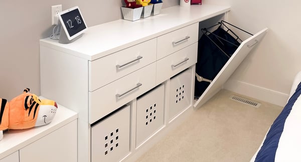 Storage for kids' toys with drawers and a tilt out section for fabric bags