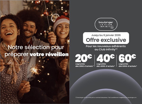 Offre spéciale Réveillon !
Venez découvrir notre sélection de produits pour un réveillon parfait au magasin Boulanger de Limoges.
Nous sommes ouverts de 9h30 à 19h30 pour vous offrir tout ce qu'il faut pour préparer une soirée inoubliable !