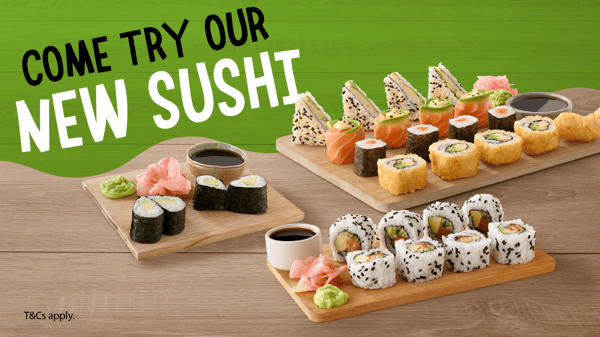 Sushi platter with California rolls and maki rolls from Fishaways The Square Ladysmith – a sushi place in Ladysmith.