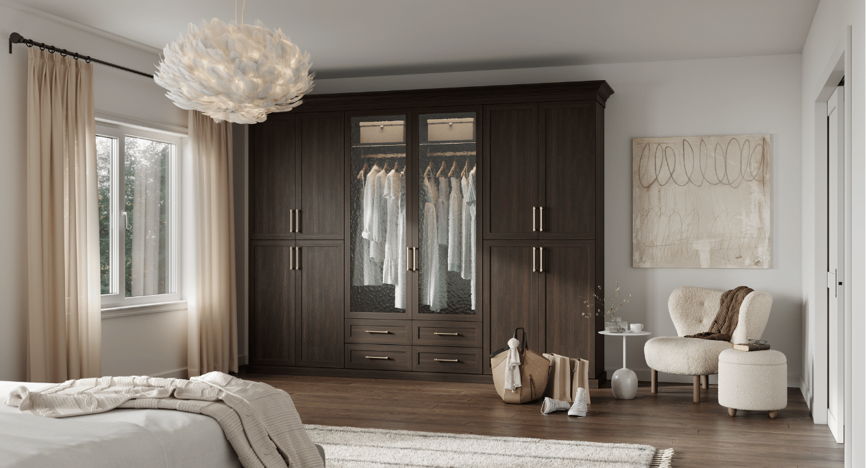 Custom Built-In Bedroom Wardrobe Closet System Dark Wood Finish Glass Front Doors Closet Organization Hanging Storage Drawer Storage by California Closets South Palm Beach Florida