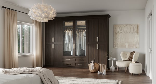 Custom Built-In Bedroom Wardrobe Closet System Dark Wood Finish Glass Front Doors Closet Organization Hanging Storage Drawer Storage by California Closets South Palm Beach Florida