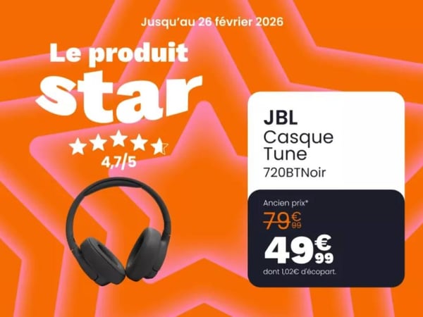 Offre Superstars : 30€ de remise immédiate sur le casque JBL Tune 720BT