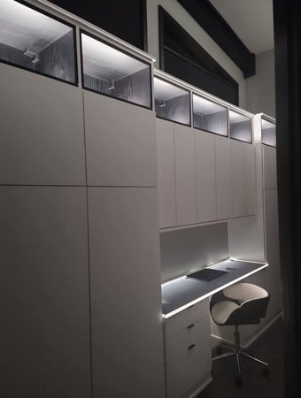 white led lighted office nook with cubby boxes above