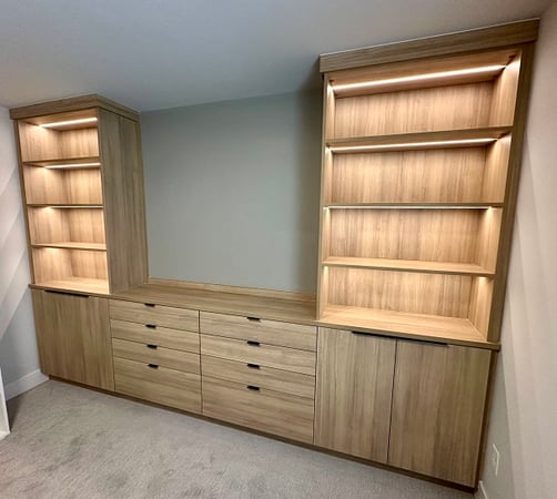 Custom home office featuring built-in cabinets, shelving with lighting, and storage solutions for organized workspace in Troy, Michigan