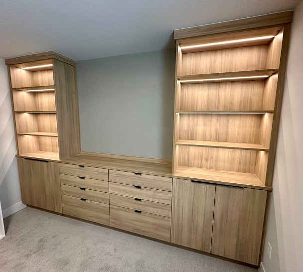 Custom home office featuring built-in cabinets, shelving with lighting, and storage solutions for organized workspace in Troy, Michigan