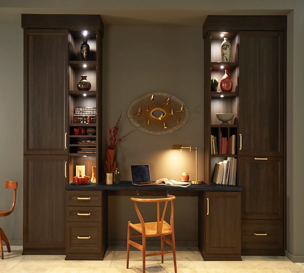 Home office design with custom cabinets, shelving units, drawers, and functional office storage solutions