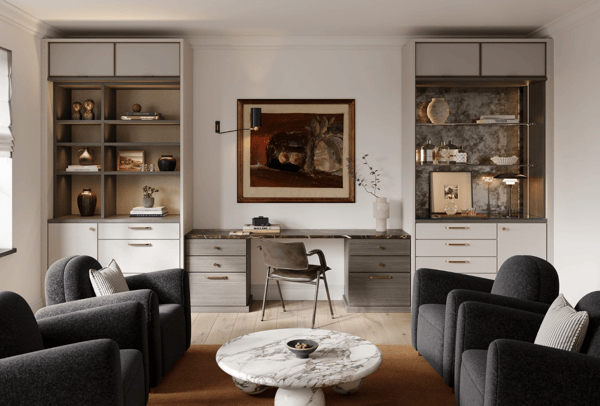 Beautiful custom-built cabinets with integrated desk creating a functional home office, designed by California Closets Austin. Maximize space and style with expertly crafted storage solutions for an organized and productive workspace.