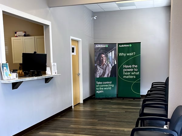 Interior photo of the lobby for the AudioNova hearing clinic in Leesburg, FL on Highway 27