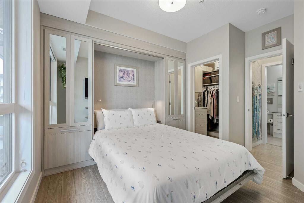 Custom wall bed in a light gray wood grain finish, side cabinetry with mirrored doors and drawers.