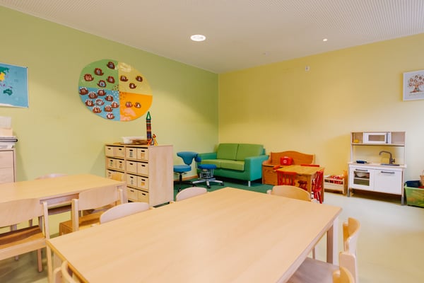 Innenraum der Kita mit hellgrünen und hellgelben Wänden. Die Wände sind dekoriert. In der Ecke steht ein grünes Sofa und an der Wand eine Spiel-Küche. Im Raum stehen Tische und Stühle aus Holz.