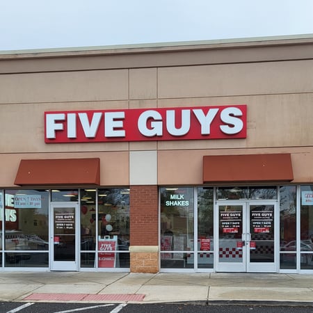 Entrance to the Five Guys restaurant at 2000 Clements Bridge Road in Deptford, New Jersey.