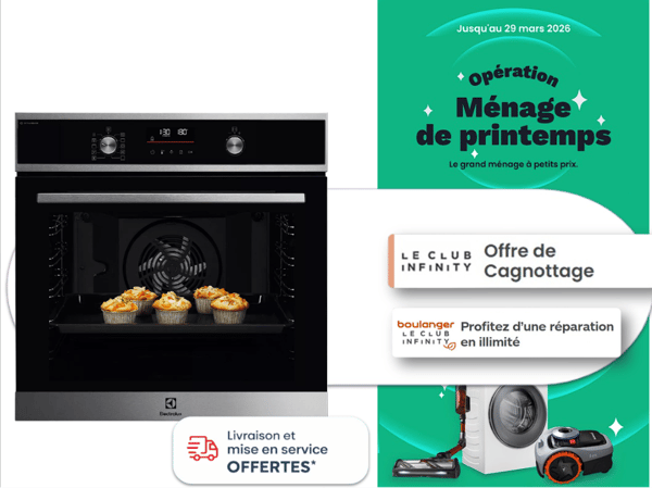 Profitez de notre Opération Ménage de Printemps pour vous équiper d’un four Electrolux alliant design moderne et performance au quotidien. Que ce soit pour vos plats du dimanche, vos pâtisseries maison ou vos repas de tous les jours, c’est le moment idéal pour renouveler votre cuisine à prix attractif.