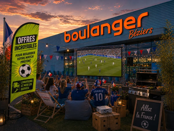 Supporters devant un écran géant pour la Coupe du Monde devant le magasin Boulanger Béziers Montimaran, proposant des offres TV Samsung, Sony et LG et multimédia Apple à Béziers.