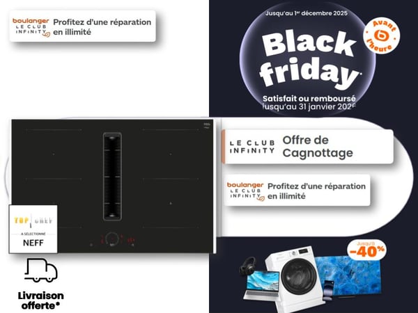 Plaque à induction noire Samsung en promotion Black Friday chez Boulanger Toulouse Colomiers – plaques de cuisson induction, vitrocéramique et gaz, grandes marques Bosch, Electrolux, Whirlpool, Smeg, avec fonctions connectées et prix réduits.
Table à induction disponible chez Boulanger Toulouse Colomiers – Plaque de cuisson rapide, précise et sécurisée, modèles aussi disponibles chez Samsung, Bosch, Whirlpool, Electrolux, Siemens et Brandt.