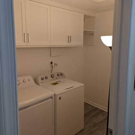 Laundry room cabinets, installed above the washer and dryer.