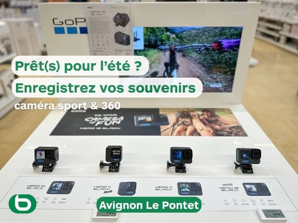 Caméras sport et caméras 360° pour filmer ses vacances d’été – GoPro, Insta360 et autres modèles disponibles chez Boulanger Avignon Le Pontet – Idéal pour les activités outdoor, les voyages et les souvenirs en famille.