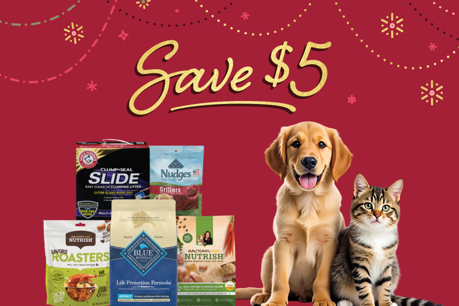 save five dollars when you spend twenty-five dollars on select pet products earn two x points on select pet products
