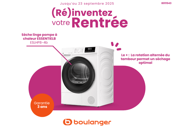 Sèche linge pompe à chaleur ESSENTIELB ESLHP8-4b dans votre magasin Boulanger Saint Omer !
