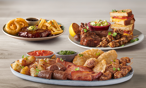 Meaty Sharing Platter, Local Braai Plate, and Grilled Rump Steak from the Mugg & Bean Lunch Menu.