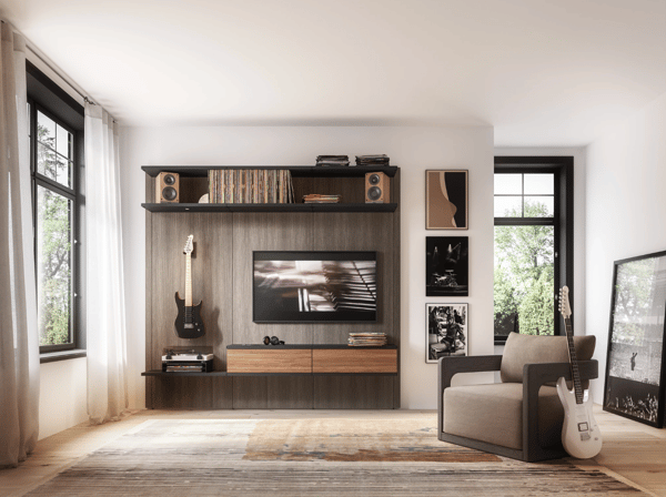 Modern minimalistic custom media center in Austin by California Closets, featuring adjustable shelving, floating drawers with ample space for TV, speakers, record player, and vinyl records. Showcasing various wood grain finishes, perfect for an organized and stylish home entertainment setup.